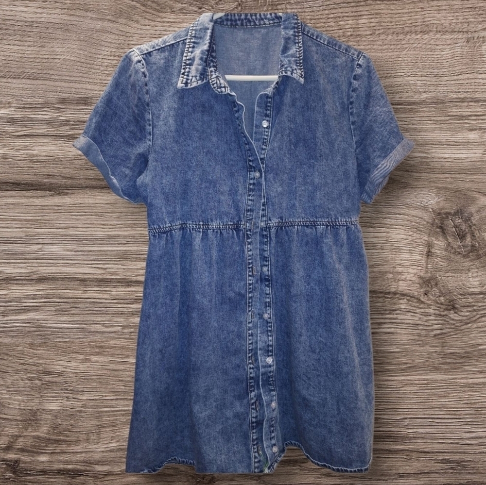 Denim Dress Short Sleeve Button Front Medium